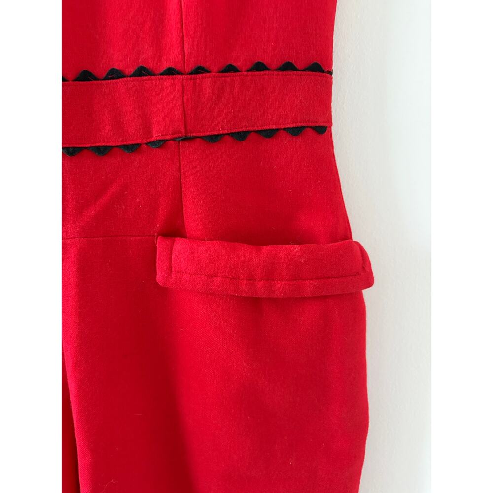 VTG 1960 Red Wool Hostess Jumpsuit Size S Peter Pan Collar Rick Rack - Picture 5 of 9